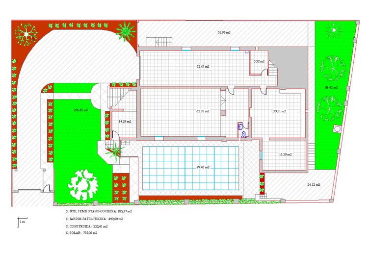 Plano del jardín y semisótano  del chalet sito en C/ Vicente Cervantes nº1 de Zafra - PROHERGON