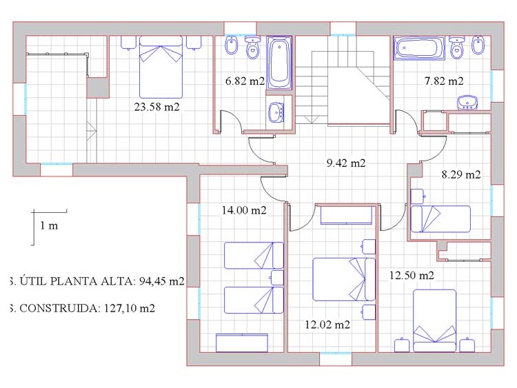 Plano de la planta alta del chalet sito en C/ Vicente Cervantes nº1 de Zafra - PROHERGON