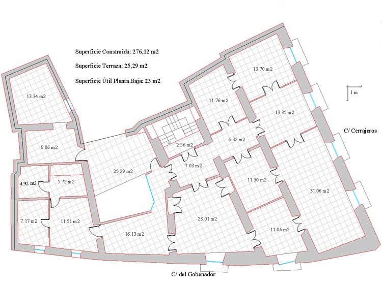 Plano de la vivienda 1ª planta sita en esquina C/ Cerrajeros y C/ del Gobernador de Zafra - PROHERGON